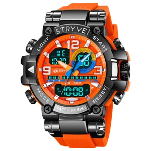 Waterproof sports watch with orange strap and black dual-display dial showing WR 50M depth