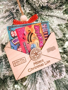 Wooden envelope Christmas ornament engraved with Mom's Christmas List on a pine tree