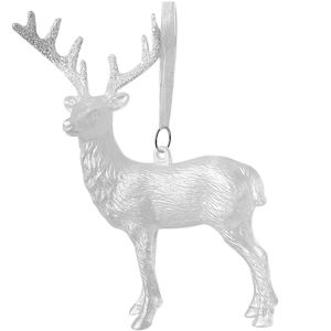 Iridescent white reindeer Christmas ornament with silver glitter antlers and hanging silk cord