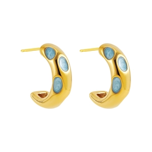 Retro C-shaped gold-plated titanium steel earrings with light blue enamel dots