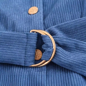 Blue corduroy dress with retro lapel design and metallic gold D-ring belt detail