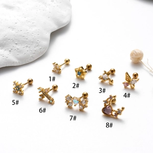 Golden stainless steel screw back ear studs with cross, butterfly and zircon designs