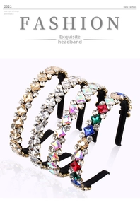 Detail of luxury rhinestone headbands in champagne and multi-color with black velvet