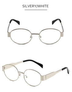 Detailed views of the oval metal frame sunglasses in silvery white with black temple tips