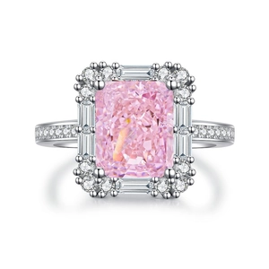 Elegant 925 sterling silver ring with pink rectangular zircon and halo diamonds