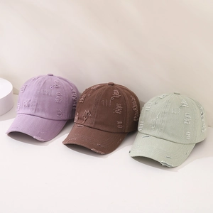 Distressed washed cotton baseball cap for kids in purple, brown, and green colors