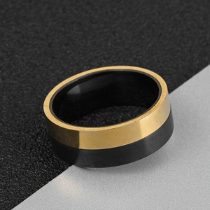Punk black and gold two-tone stainless steel wide band ring with polished finish