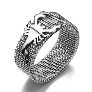 8mm silver titanium steel ring featuring a braided texture and 3D scorpion design