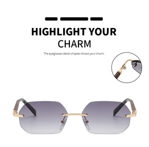 Detail of rimless sunglasses with purple gradient lenses and dark brown wood grain temples