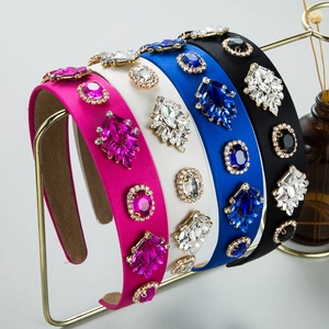 Baroque Wide Headband For Women Satin Fabric With Rhinestone Glass Gemstone Retro Elegant Hair Hoop Party Hair Accessory