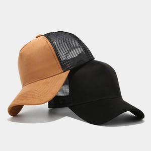Classic two-tone suede trucker hat with mesh back and minimalist black baseball cap