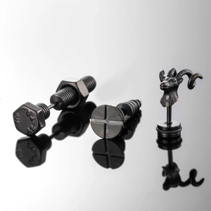 Black Stainless Steel Stud Earrings Industrial Screw Bolt Ram Head Punk Piercing Jewelry For Men Women