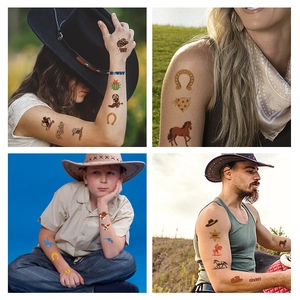 Cowboy themed temporary tattoos featuring boots, hats and horses for kids and adults