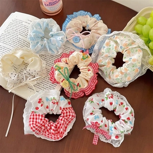 Scrunchies Stoff Haargummis Süße Schleife Blumen Gingham Muster Spitze Kante Dekorative Knöpfe Elastische Haarbänder Frauen