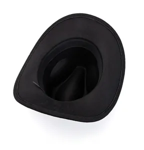 Internal view of black wool wide brim fedora hat showing inner sweatband and crown