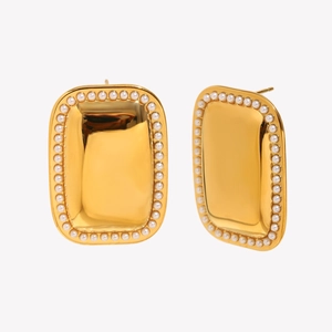 18K gold plated geometric earrings with pearl trim edges in minimalist metal design