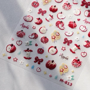 Stickers nail art 3D pommes rouges et nœuds, texture mate en relief modèle M-813