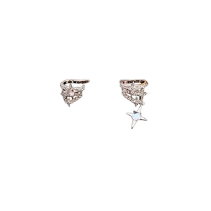 Asymmetric silver star ear cuffs with zircon star pendant on white background