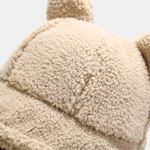Cute lamb wool bucket hat with bear ears in beige, warm winter sun protection headwear