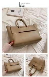 Detail view of khaki large capacity faux leather tote bag with minimalist flap design