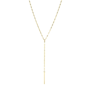 Close-up of golden Y-shaped lariat necklace with a minimalist vertical bar pendant