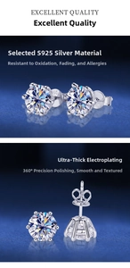 Detail showing classic six-claw S925 silver moissanite stud earrings with polished finish
