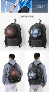 Black waterproof sports backpack with specialized front mesh pocket for basketball and football
