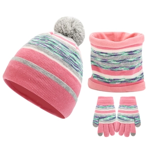 Kids thermal winter knit set including striped pom pom hat, neck warmer, and full gloves