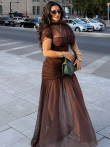 Detailed view of dark brown mesh maxi dress with ruching and sheer layered skirt fabric