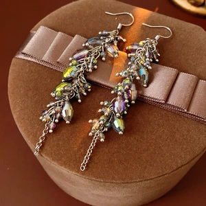 Close-up of Bohemian tassel earrings with colorful crystal beads on a velvet gift box