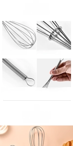 Close-up of stainless steel wire whisk with reinforced lock and non-slip spiral handle