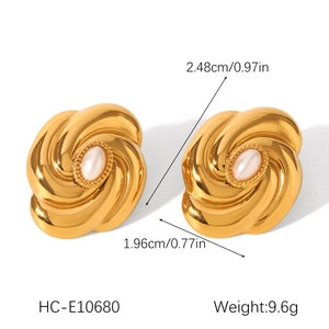Detail view of pearl earrings with dimensions 2.48cm by 1.96cm and 9.6g weight