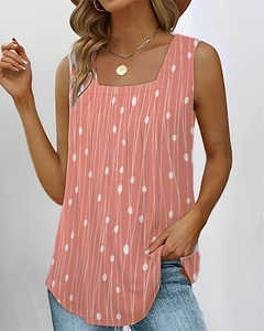 Women's coral polka dot sleeveless square neck tank top with abstract vertical lines