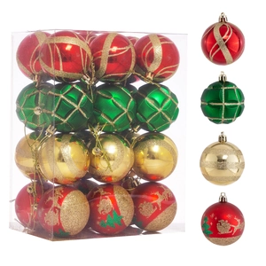 Set of 24 assorted 6cm Christmas ornaments with reindeer and glitter patterns in a clear box