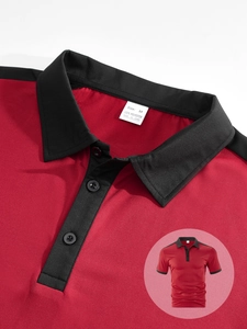 Detail of red men's polo shirt showing fabric texture, black collar, and size M label