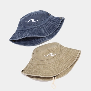 Navy and khaki washed cotton bucket hats with wave embroidery and windproof strings