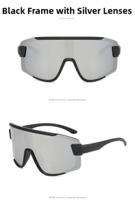 Detail view of youth cycling sunglasses featuring matte black frames and silver mirror lenses