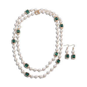 Elegant double-layered faux pearl necklace with green square gemstones and matching earrings