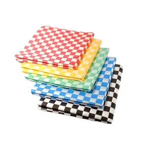Checkered greaseproof burger wrapping paper in red, yellow, green, blue and black