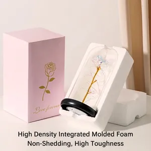 Iridescent gold foil rose in glass dome with LED lights and Love Forever gift box