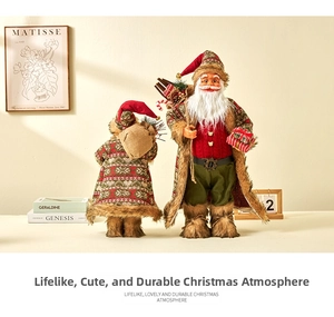 Detailed view of the fabric Santa Claus figure with a burlap gift bag and festive clothing