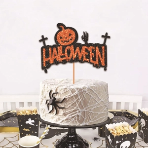 Halloween Cake Topper Glitter Paper Pumpkin Castle Witch Hat Party Decoration Festive Dessert Accessory Wood Stick