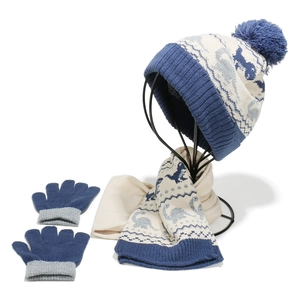 Three-piece boys' knitted set featuring dinosaur pattern hat, scarf and gloves in navy
