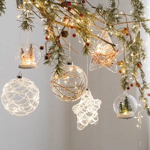 Glowing Glass Christmas Ball Star Ornaments LED Hanging Light Micro Landscape Reindeer Tree Window Holiday Festive Decor