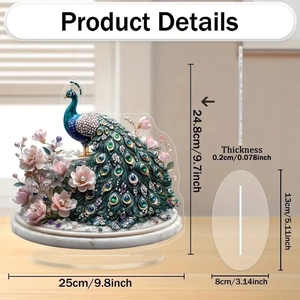 Detailed dimensions of peacock acrylic stand for desk decor with floral pattern
