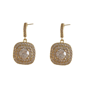 Elegant gold square stud earrings with central round zircon and pavé diamond detailing