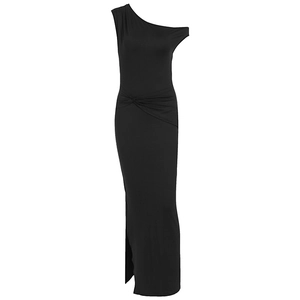Detail of waist ruching and side slit on an elegant one-shoulder black maxi dress