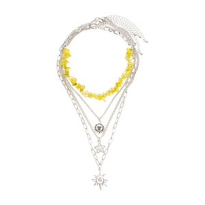 Layered bohemian necklace set with yellow crystal stones and silver sun pendants