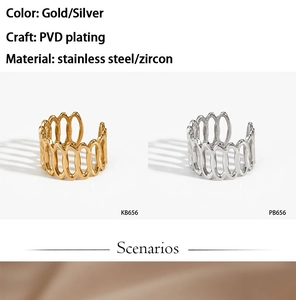 Macro detail of wave patterned stainless steel rings with PVD plating and zircons