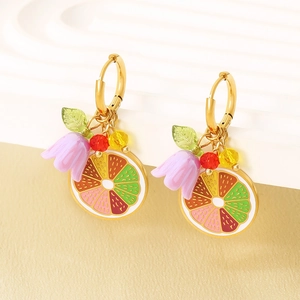 Fashionable gold fruit dangle earrings with enamel flower and colorful bead accents